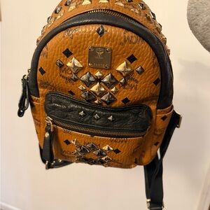 MCM Cognac and Black Studded Leather Mini Backpack